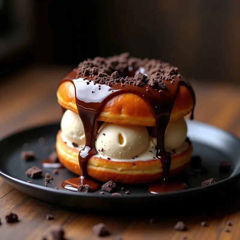 Hamburguesa de postre con donuts glaseados como pan, helado de vainilla cremoso asomando por los lados, sirope de chocolate brillante cayendo por los bordes y galleta Oreo triturada espolvoreada. Plato negro de fondo para resaltar los colores vibrantes del postre.