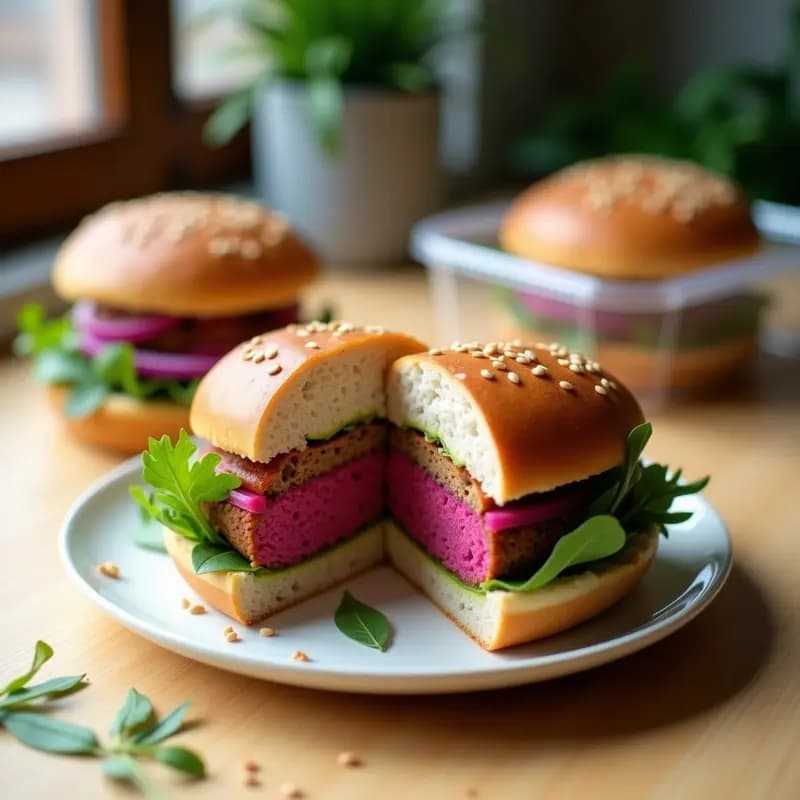 Hamburguesa de espelta dorada en un tupper con salsa rosa de remolacha y hojas de rúcula fresca, receta sin gluten para llevar.