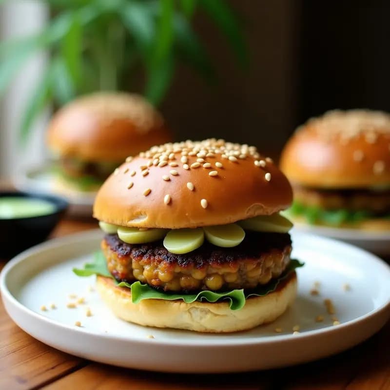 Hamburguesa de garbanzos y algas nori con pan de quinoa dorado, servida en plato blanco con semillas de sésamo espolvoreadas, receta japonesa en airfryer sin gluten.