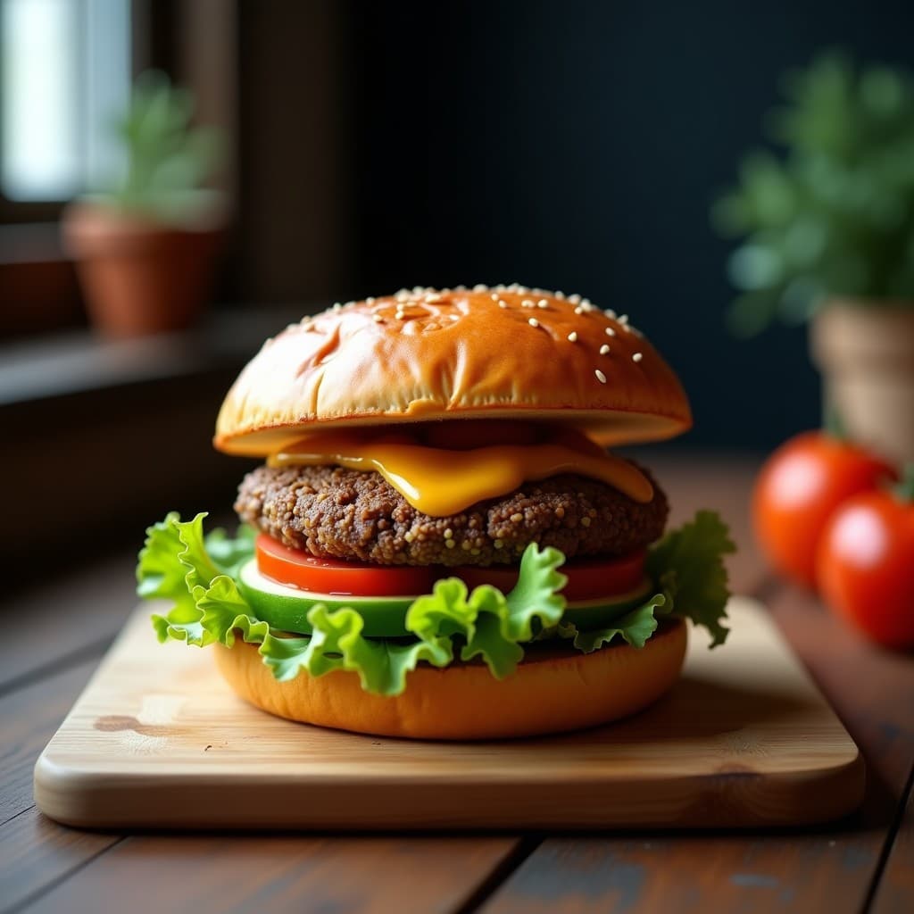 Hamburguesa futurista con pan dorado de batata, rellena de una jugosa mezcla de quinoa e insectos en polvo, acompañada de aguacate, tomate y lechuga fresca sobre un plato de madera rústico.