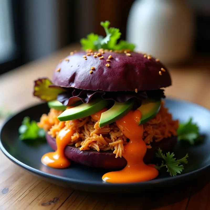 Hamburguesa vegana de jackfruit desmenuzado con pan de batata morada, aguacate, lechuga y salsa de mango habanero, servida en plato negro con fondo de madera rústica.