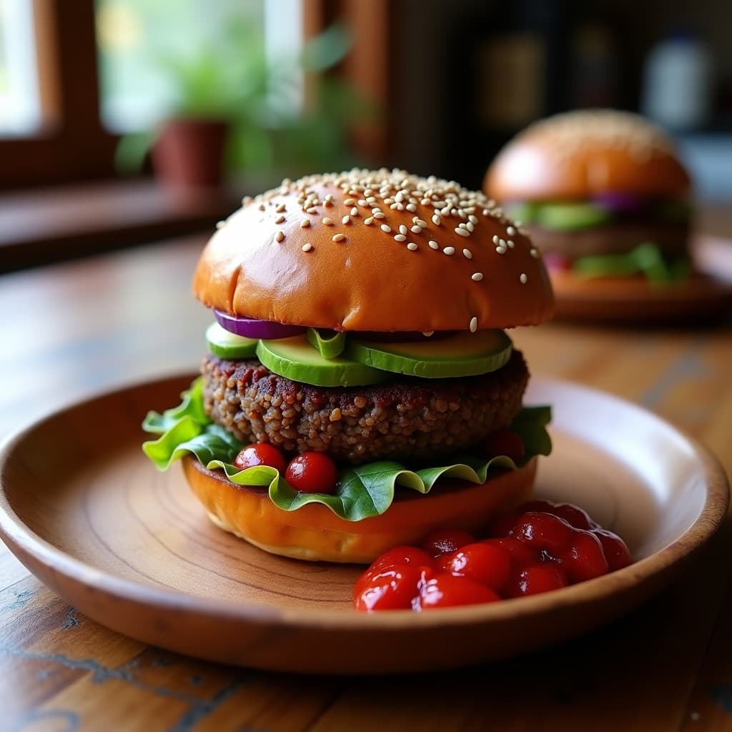 Hamburguesa vegana peruana con lentejas negras y remolacha, servida en pan de año de nieve dorado, acompañada de aguacate, lechuga morada y salsa criolla, con semillas de sésamo espolvoreadas.