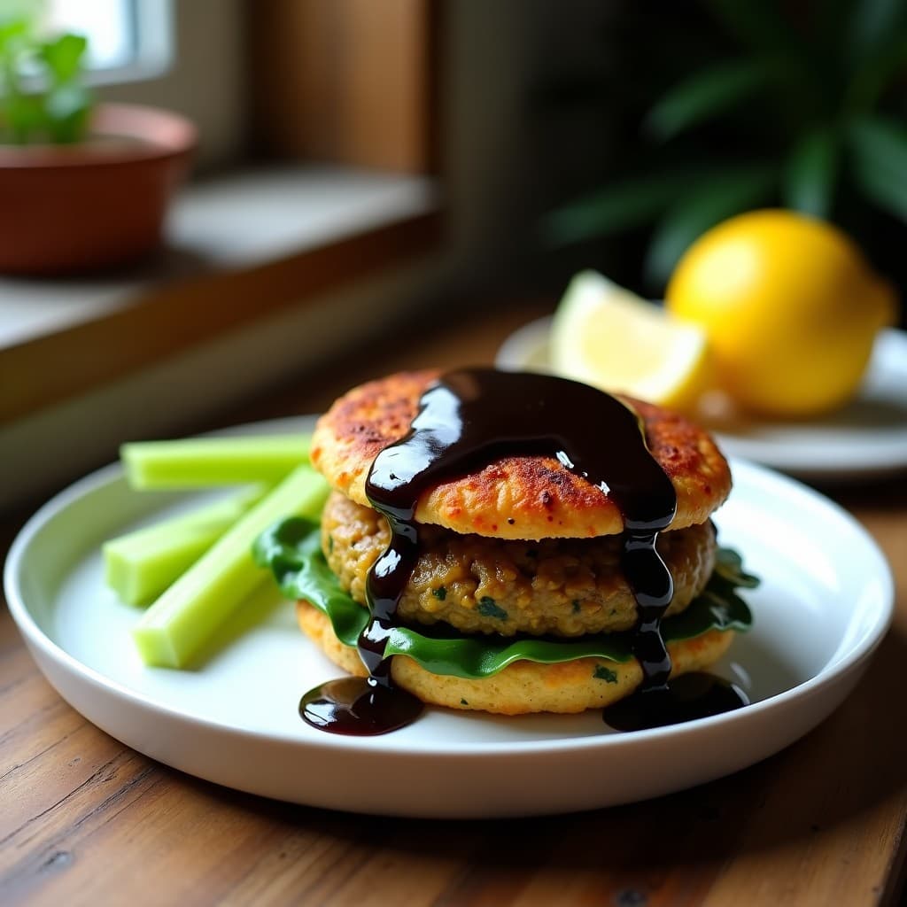 Hamburguesa vegana de lentejas pardina y espinacas servida en plato blanco, con salsa cremosa de ajo negro y ramitas de apio. Receta en Thermomix, alta en proteína y sin gluten.