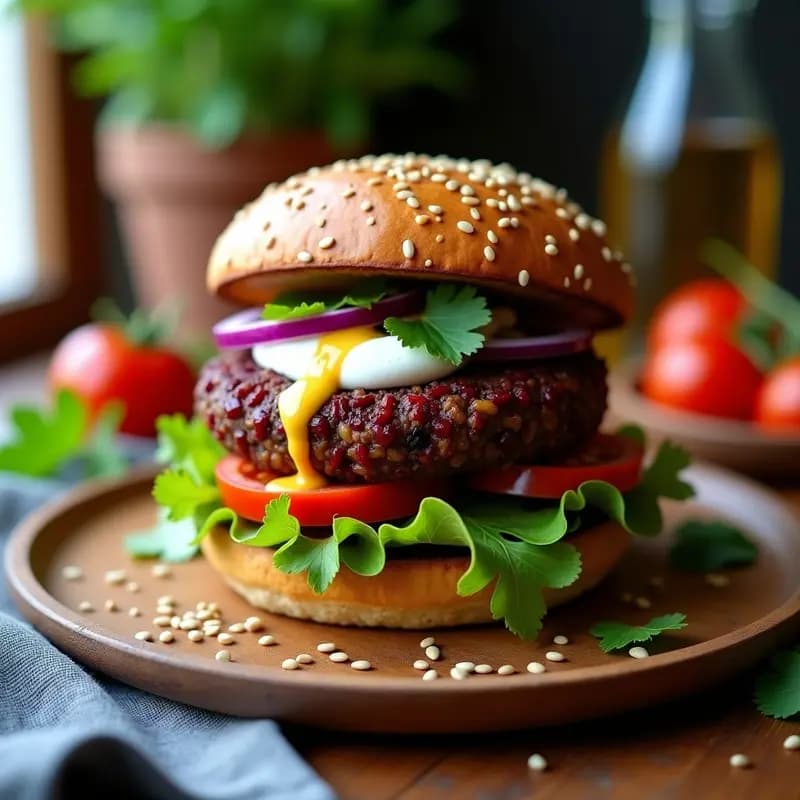 Hamburguesa vegetariana alta en hierro con lentejas y remolacha, servida en pan de centeno tostado con semillas, acompañada de lechuga morada, rodajas de tomate y salsa de yogur griego con mostaza. Plato rustico sobre tabla de madera con fondo desenfocado.