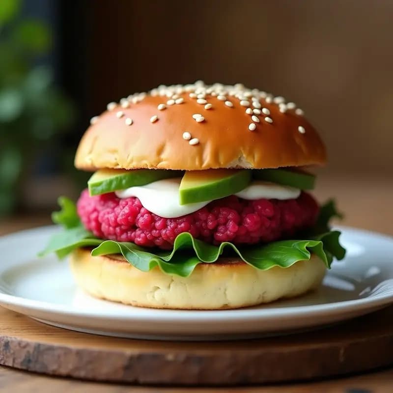 Hamburguesa vegana de lentejas rojas y remolacha con pan de coliflor dorado, rodajas de aguacate y semillas de sésamo, servida en un plato blanco con fondo de madera rústica.