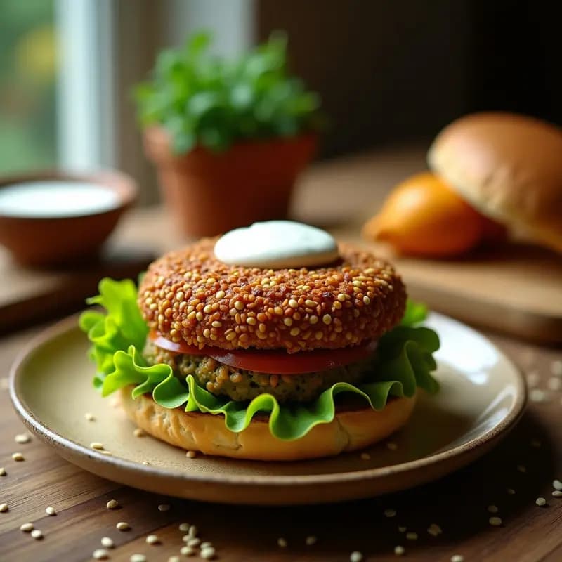 Hamburguesa vegana de lentejas dorada por fuera y jugosa por dentro, espolvoreada con semillas de sésamo, servida sobre pan integral con lechuga fresca y salsa de yogur.