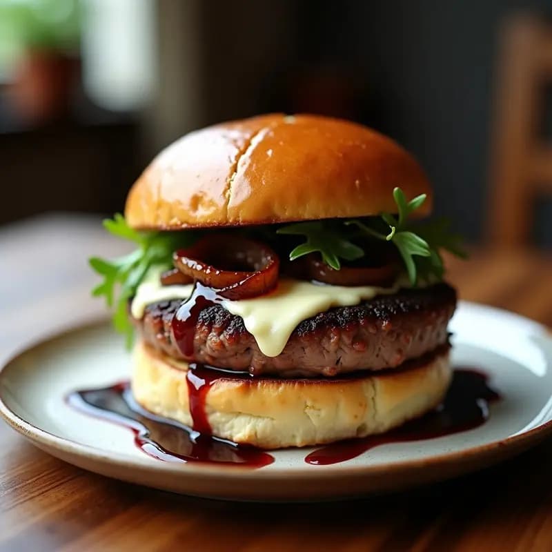 Hamburguesa de lomo de cerdo jugoso con queso gorgonzola derretido, cebolla morada glaseada en vino tinto y reducción brillante sobre pan brioche tostado, acompañada de rúcula fresca.