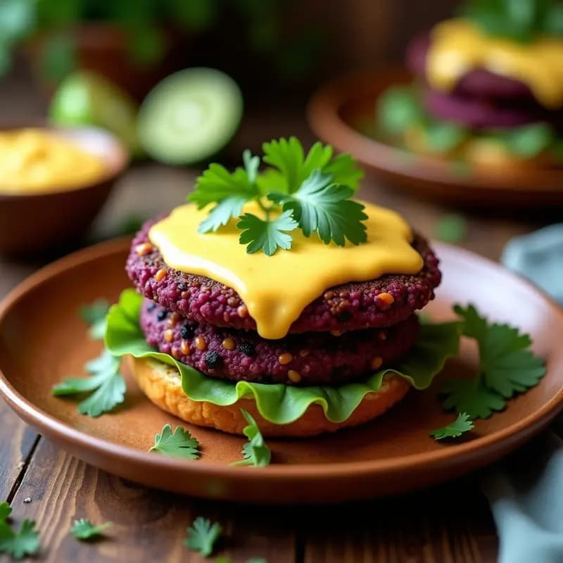 Hamburguesa de Ñame Morado y lentejas con Salsa de Yucca servida en plato de madera, dorada y crujiente por fuera, con salsa cremosa de color blanco amarillento y hierbas frescas. Receta caribeña vegana en Airfryer.