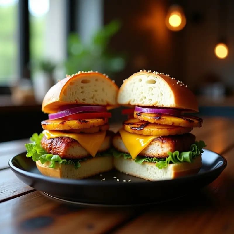 Hamburguesa de piña y pollo teriyaki cortada por la mitad, mostrando capas de pollo glaseado, piña asada caramelizada, queso cheddar derretido, cebolla morada y lechuga, con semillas de sésamo espolvoreadas. Fusión hawaiana-japonesa con toque picante, servida en pan brioche tostado sobre fondo oscuro.