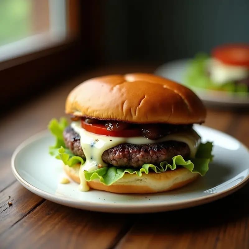 Hamburguesa gourmet con pan de brioche dorado, carne jugosa, queso azul derretido y mermelada de cebolla caramelizada brillante, acompañada de lechuga fresca y tomate. Receta viral estética y deliciosa.
