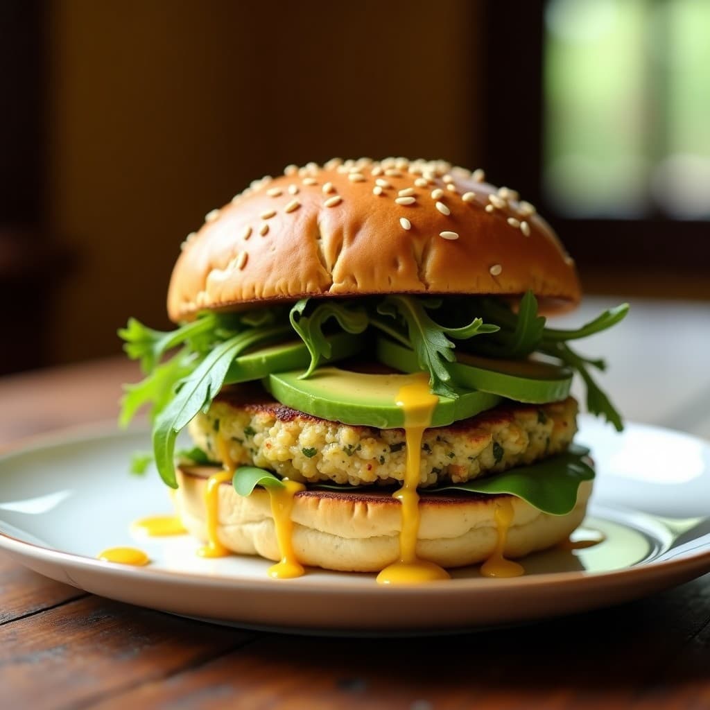 Hamburguesa sin gluten con pan dorado de coliflor, rellena de hamburguesa de quinoa y espárragos asados, decorada con aguacate y rúcula sobre fondo rústico de madera.