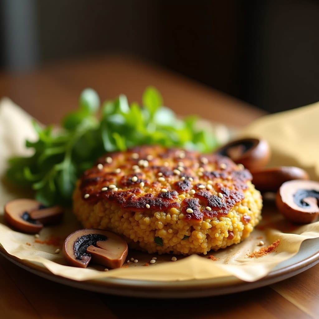 Hamburguesa vegana y sin gluten de quinoa y champiñones portobello, dorada y jugosa, sobre papel de horno con semillas de sésamo. Ideal para tupper, con textura compacta y trozos visibles de nueces pecanas.