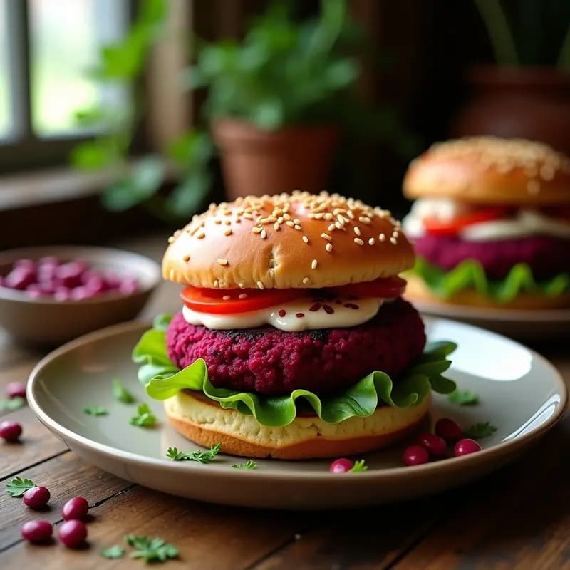 Hamburguesa vegana de remolacha y frijol adzuki dorada y crujiente, servida en pan integral con lechuga y tomate, receta alta en hierro hecha en airfryer.