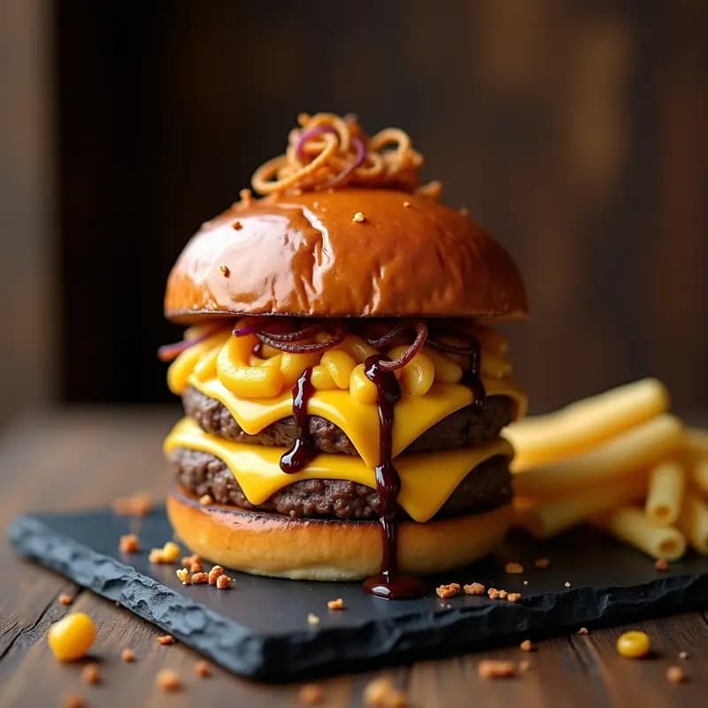 Hamburguesa triple queso con mac & cheese y salsa de trufa, montada con pan brioche tostado, tres capas de carne con queso fundido, disco dorado de macarrones con queso cremoso y cebolla morada frita, servida en plato negro con fondo de madera rústica.