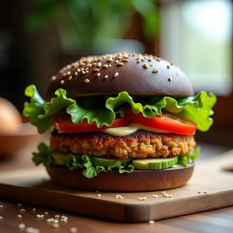 Hamburguesa vegana de judías adzuki y champiñones portobello con pan de trigo sarraceno, acompañada de lechuga, tomate y aguacate sobre fondo rústico de madera. Receta japonesa vegana sin gluten.