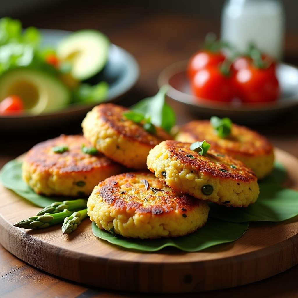 Hamburguesas doradas de almendras y espárragos trigueros sobre papel de horno, con textura crujiente y jugosa, acompañadas de aguacate y ensalada verde. Receta keto y alta en fibra hecha en Thermomix.