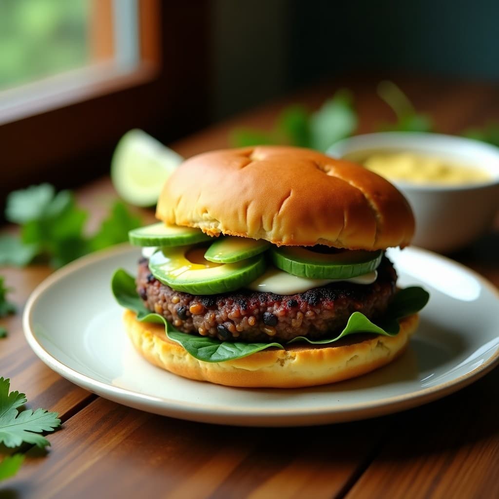Hamburguesa vegana sin gluten con base de alubias negras y maíz, servida en pan de yuca dorado, acompañada de aguacate y hojas verdes frescas. Plato colorido y apetitoso sobre fondo rústico.