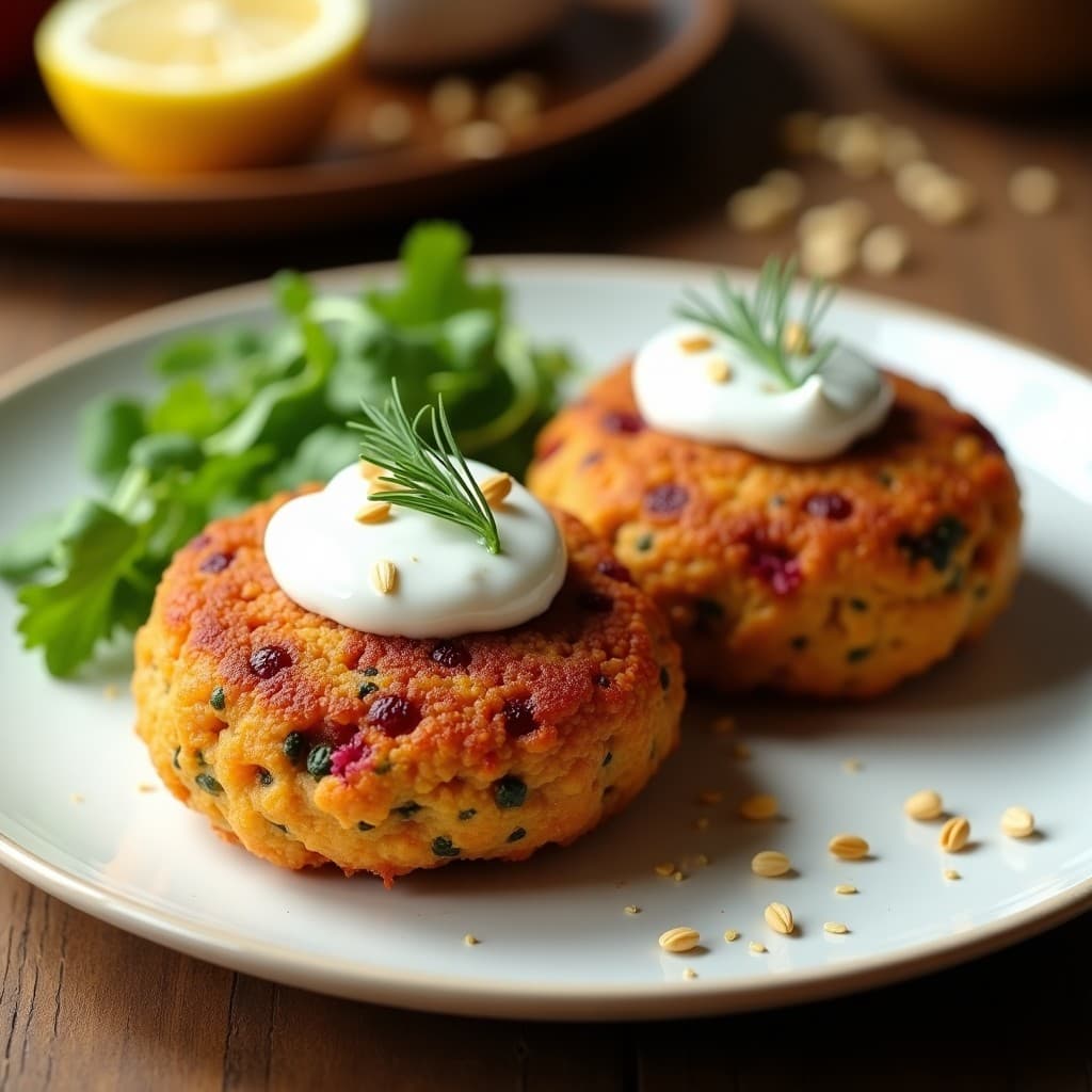 Hamburguesas veganas de garbanzo y remolacha doradas y crujientes servidas en un plato blanco, acompañadas de una salsa cremosa de yogur con eneldo y semillas de sésamo, receta en Airfryer.