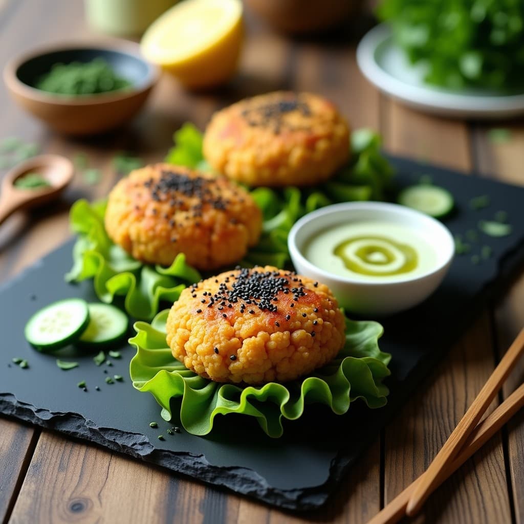 Hamburguesas veganas doradas de garbanzos y algas nori con semillas de sésamo negro, servidas sobre hojas de lechuga con salsa cremosa de wasabi y rodajas de pepino, receta crudivegana alta en proteína.