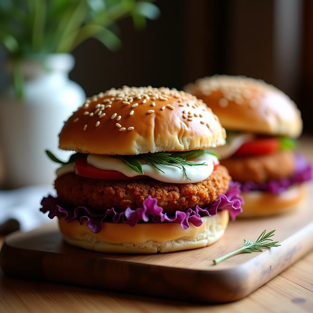 Hamburguesa vegana alemana con base de garbanzos y remolacha, servida en pan de centeno tostado, acompañada de lechuga morada, tomate y salsa de yogur de soja con eneldo. Textura crujiente y dorada por fuera, jugosa por dentro, sobre tabla de madera rústica con fondo de cocina tradicional.
