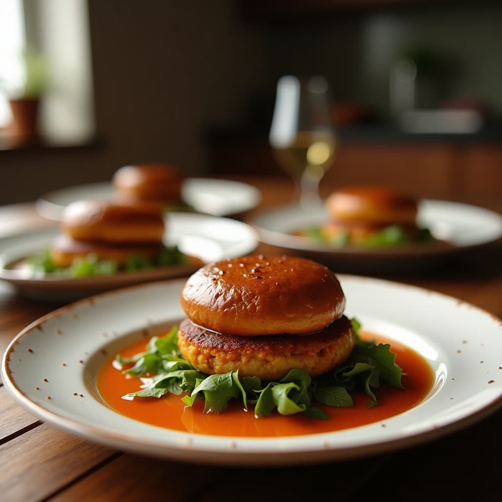 Hamburguesas de lentejas corail sin huevo doradas en sartén, con textura crujiente por fuera y jugosa por dentro, acompañadas de ensalada fresca y pan integral.