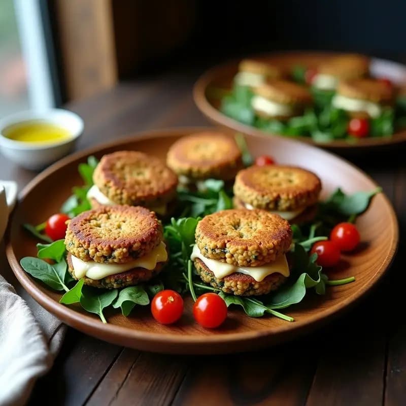 Hamburguesas de lentejas y espinacas doradas al horno con corazón fundido de queso de cabra, servidas en plato de madera con ensalada fresca.