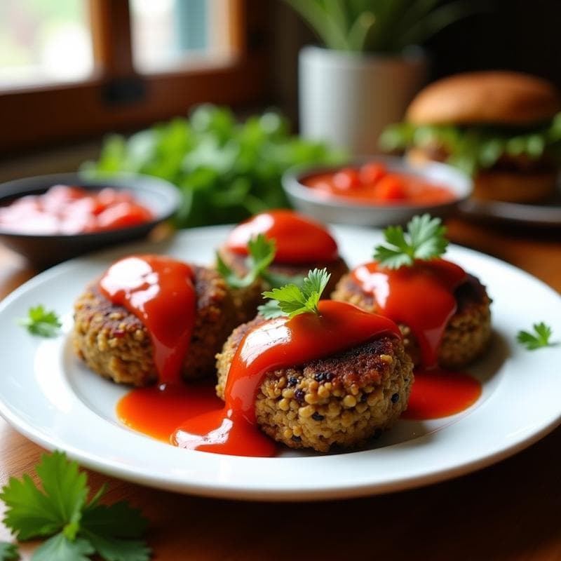 Hamburguesas doradas y crujientes de lentejas negras y ñame en un plato blanco, acompañadas de salsa de guayaba brillante con trocitos de jengibre, sobre fondo de cocina rústico con hierbas frescas.