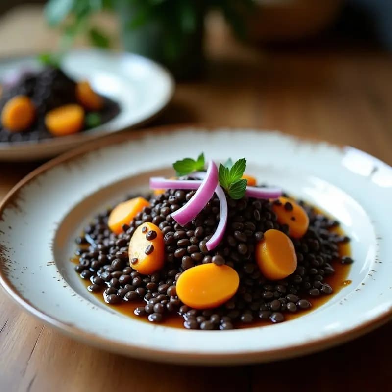 Hamburguesas veganas de lentejas negras y ñame doradas al horno, servidas en plato blanco con aderezo cremoso de yogur de coco y hojas de cilantro fresco, receta colombiana tradicional.