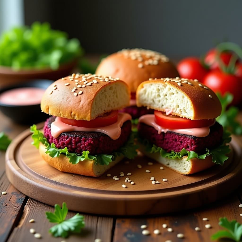 Hamburguesas veganas de lentejas y remolacha doradas y crujientes en airfryer, con semillas de sésamo por encima, servidas en pan sin gluten con lechuga, tomate y salsa rosada. Plato colorido y apetecible con fondo rústico.