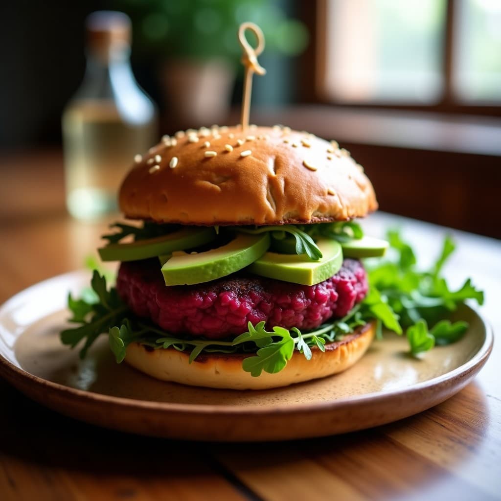 Hamburguesa vegana de lentejas rojas y remolacha con pan de espelta tostado, servida con aguacate, rúcula y salsa de tahini en un plato de madera rústico.