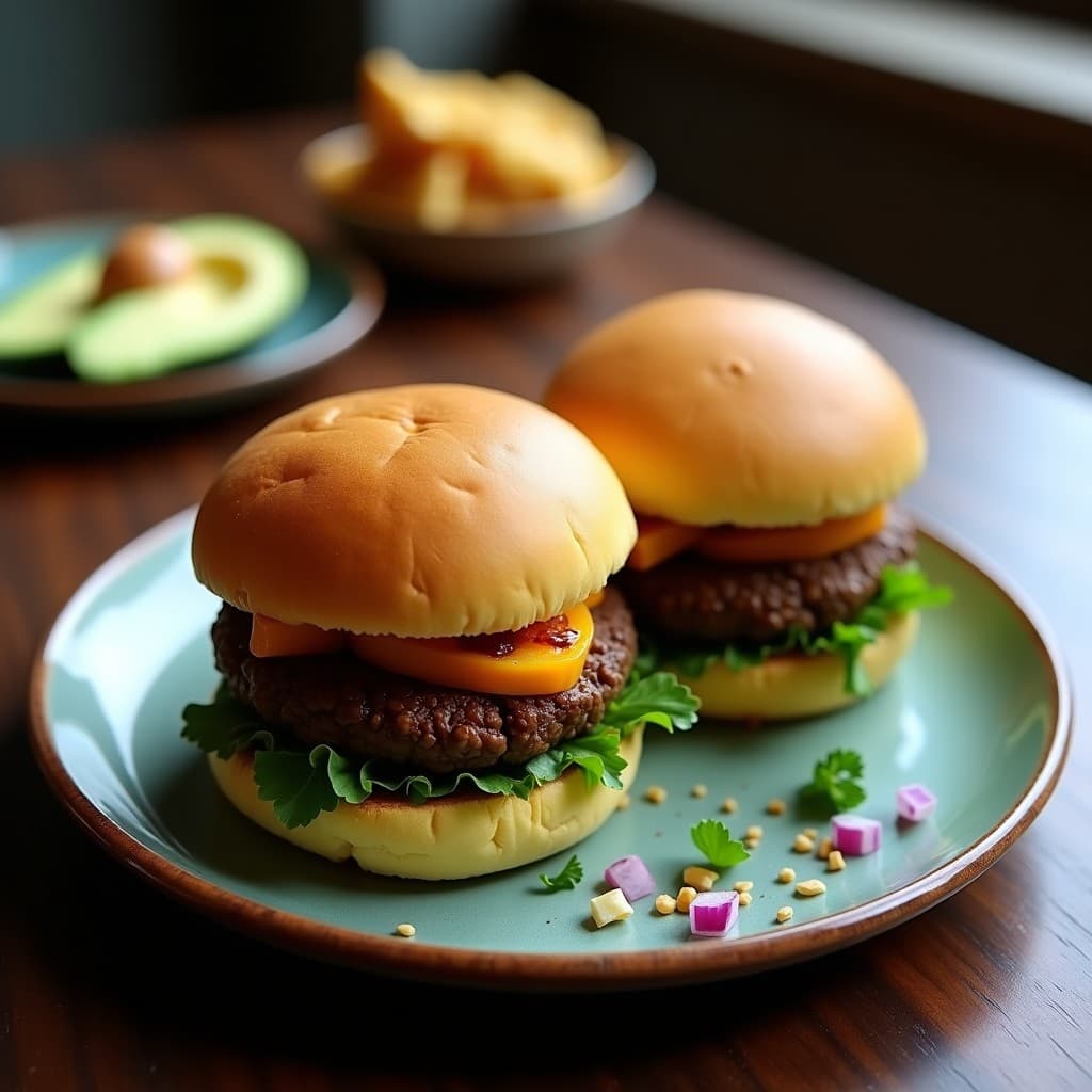 Hamburguesas doradas de lentejas negras y zapallo sobre pan de yuca esponjoso, servidas en un plato rústico con aguacate y cilantro fresco. Receta colombiana sin harina, alta en proteína y perfecta para tupper.