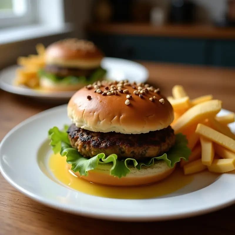 Hamburguesas veganas de Portobello y nueces doradas en Airfryer, servidas en plato blanco con salsa de mostaza y miel, acompañadas de ensalada verde y pan integral tostado.