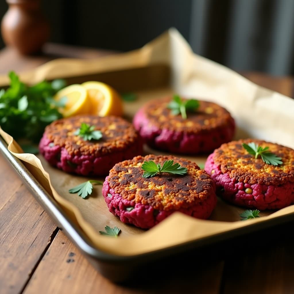Hamburguesas doradas de quinoa y remolacha en bandeja de horno, con textura compacta y color morado intenso, acompañadas de hojas de perejil fresco y rodajas de limón.