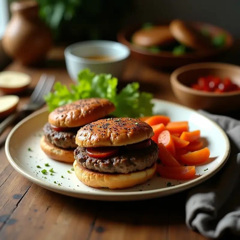 Hamburguesas veganas de hongos shiitake y semillas de cáñamo doradas en airfryer, servidas sobre pan integral con aguacate y lechuga, receta alta en proteína.