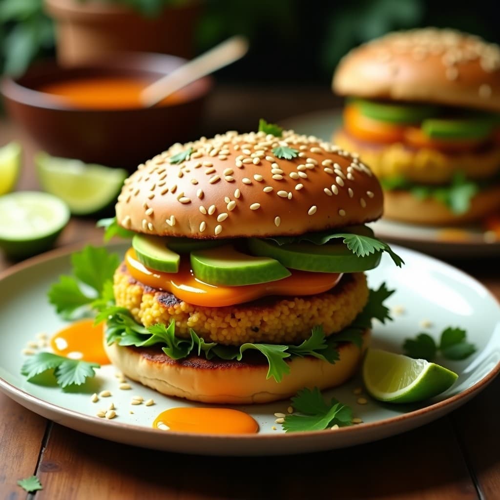 Hamburguesas doradas y crujientes de sincelejo y quinoa veganas servidas en plato de madera, acompañadas de salsa de mango habanero brillante y hojas de cilantro fresco. Receta en airfryer con fondo borroso de cocina.
