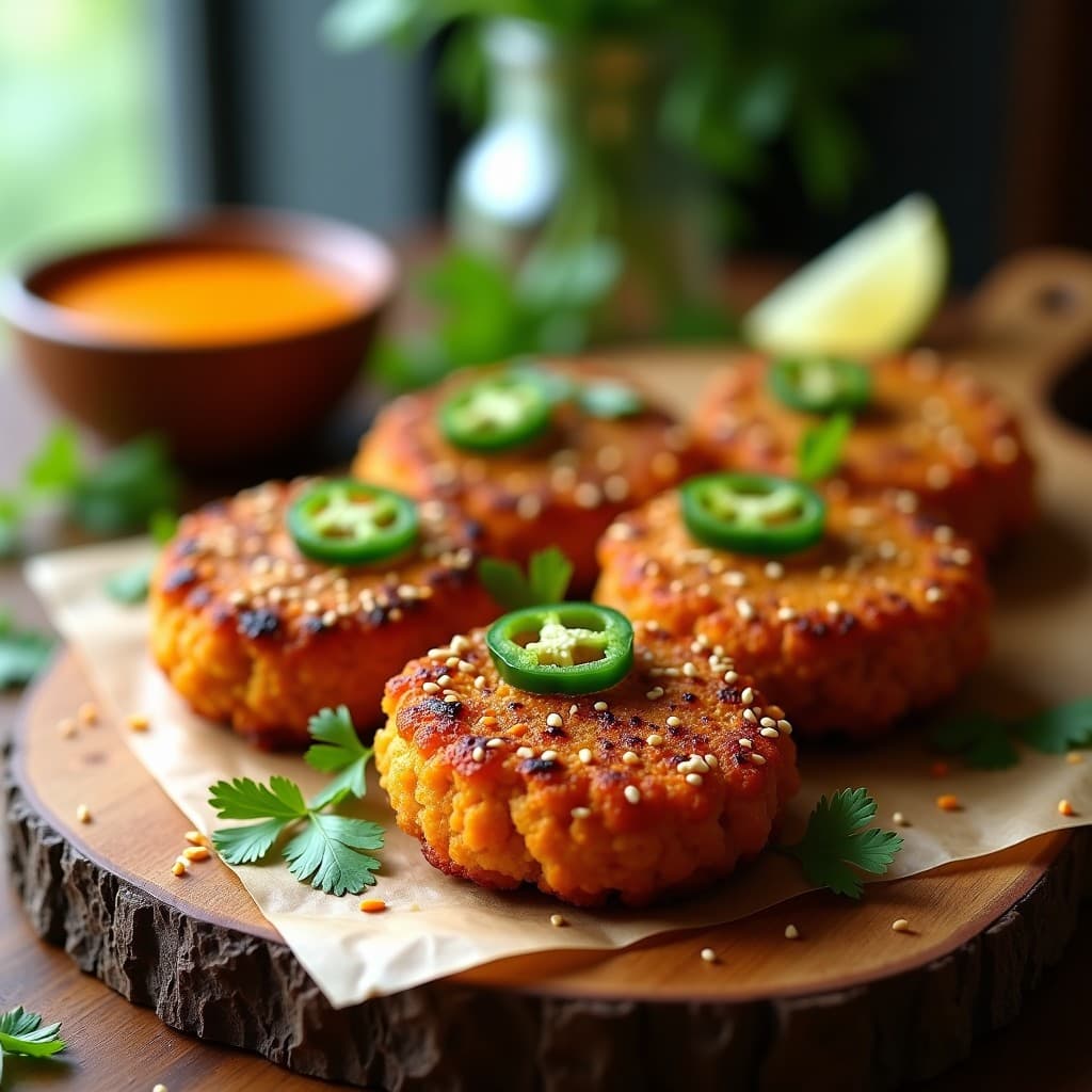 Hamburguesas de tempeh y zanahoria doradas y crujientes servidas en pan integral, con salsa de mango picante brillante y cilantro fresco. Plato vegano alto en proteína cocinado en airfryer.