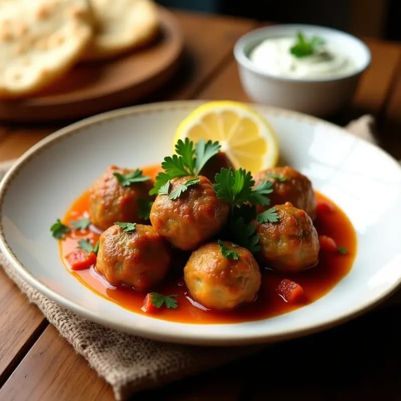 Plato de cerámica blanca con Hasap Kofte Armenio: albóndigas de cordero doradas en una salsita ligera de tomate y limón, decoradas con hierbas frescas y acompañadas de pan tradicional.