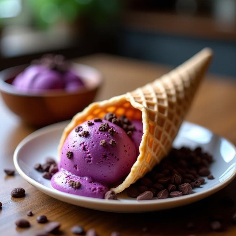 Copa de helado cremoso de color morado oscuro con trozos de cacao nibs en la superficie, servido en un bol de cerámica blanca con fondo de madera rústica. Postre antioxidante sin lácteos.