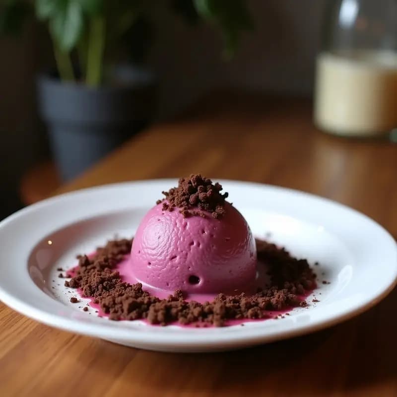 Cuenco de cerámica blanca con helado de açaí morado intenso, salpicado de trozos de chocolate 100% negro y polvo de maca dorado. Base cremosa con vetas, decorado con virutas de coco. Fondo borroso con hojas de menta y luz natural.