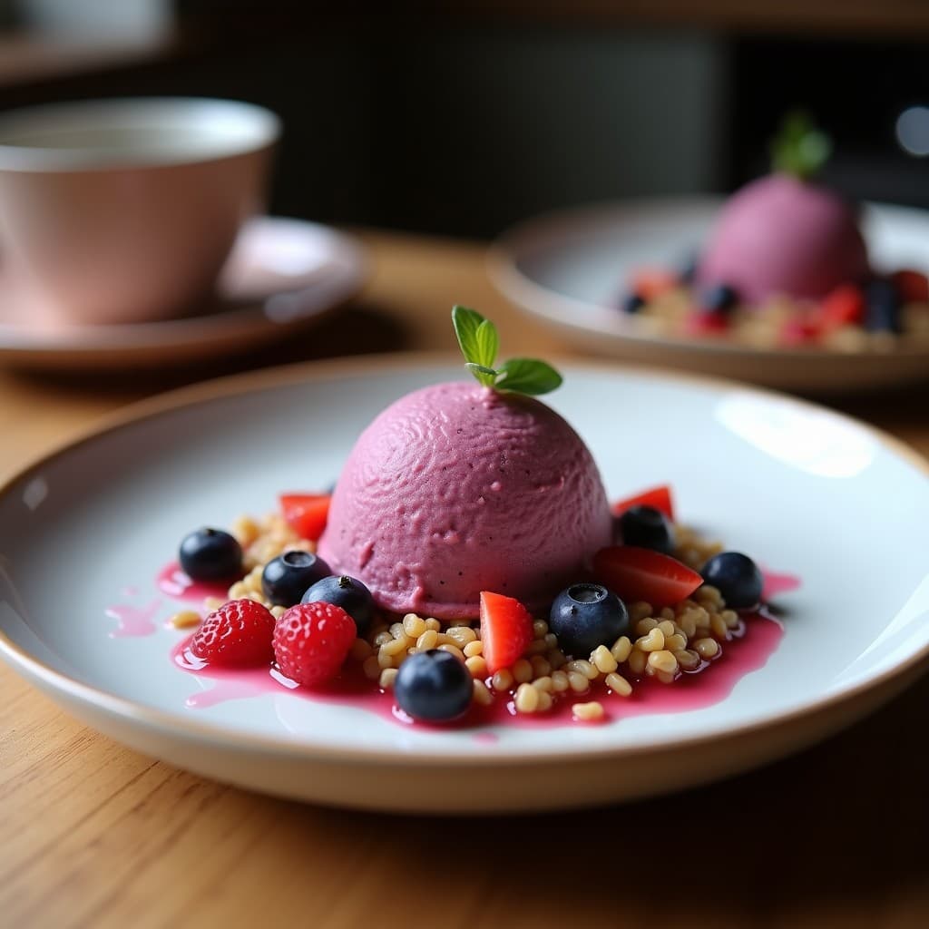 Copa de helado cremoso de color morado intenso de açaí y leche de cabra, coronado con crujiente dorado de quinoa inflada y semillas de chía, sobre fondo rústico de madera con detalles de canela espolvoreada. Postre brasileño sin azúcar y rico en probióticos.