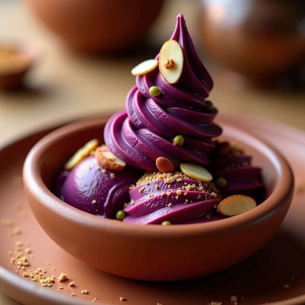 Cucurucho de helado artesanal de color morado oscuro servido en un bol de barro, con vetas cremosas y decorado con almendras fileteadas, pistachos picados y un toque de canela en polvo. Al fondo, un paisaje desértico difuminado que evoca el toque beduino.