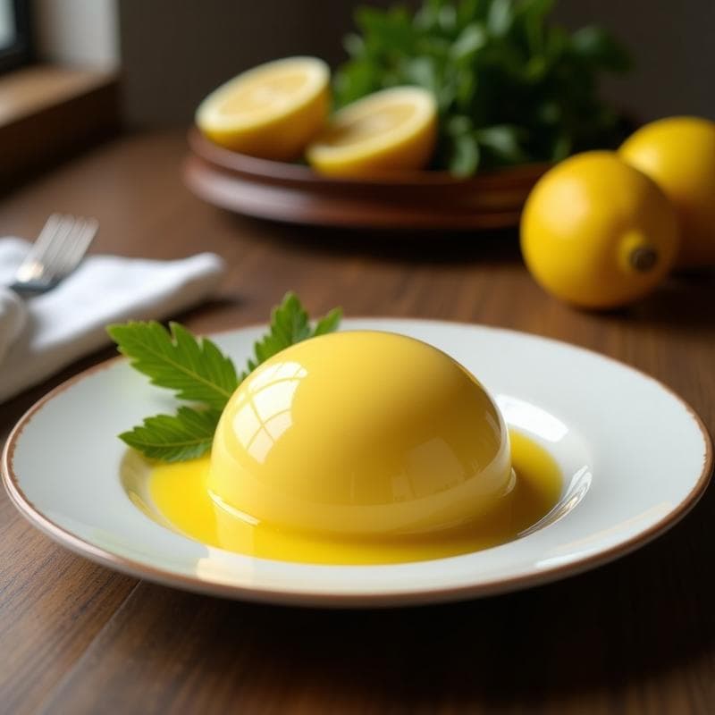 Copa de cristal con helado cremoso de color amarillo pálido, decorado con almendras fileteadas y trocitos de limón confitado. Fondo rústico con una cuchara de madera y un chorrito de aceite de oliva virgen extra.