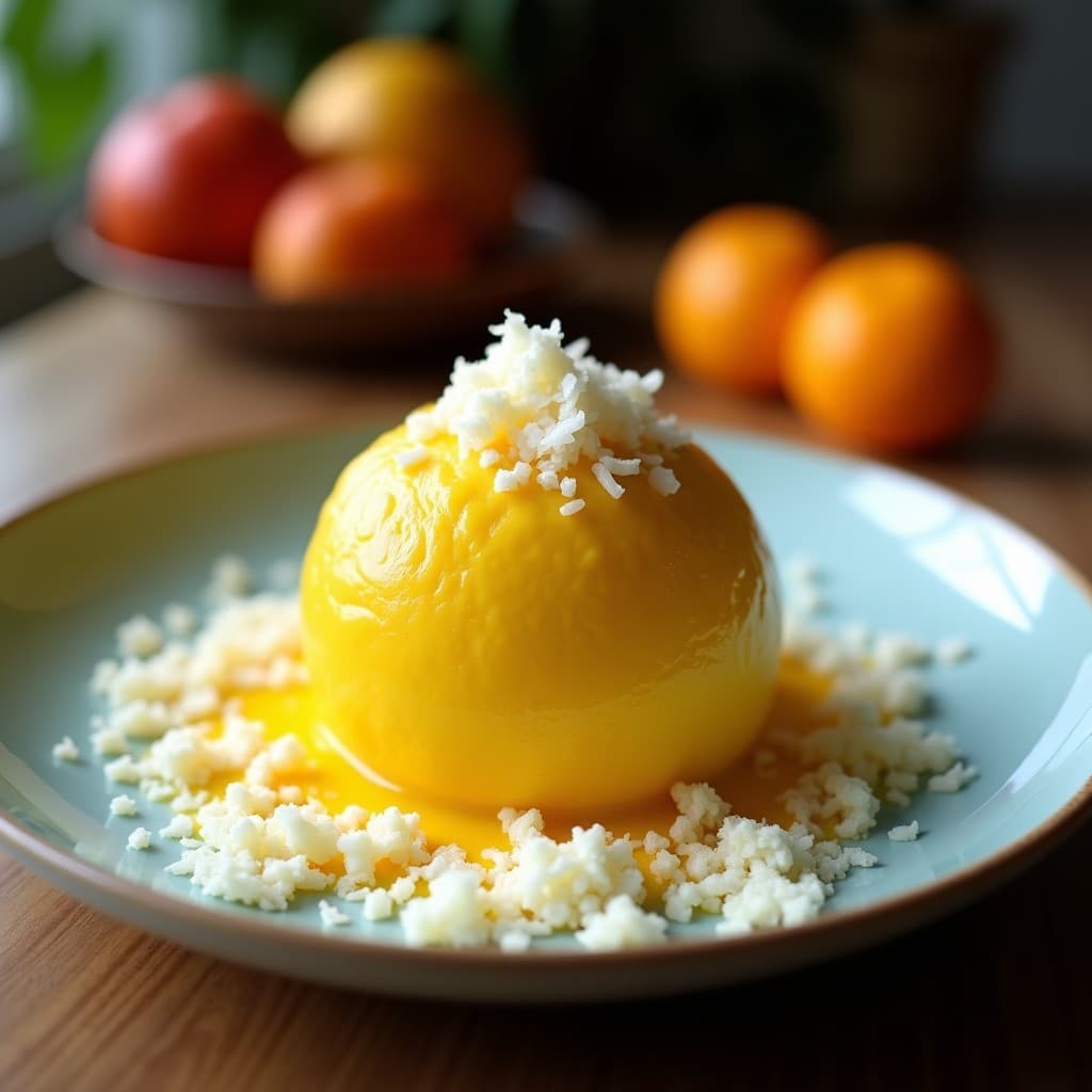 Copa de helado cremoso de color naranja suave con vetas doradas de cúrcuma, coronado con coco rallado tostado crujiente. Fondo de hojas de palmera y trozos de acerola fresca, iluminación natural que resalta los colores vibrantes del postre brasileño antioxidante sin lácteos.