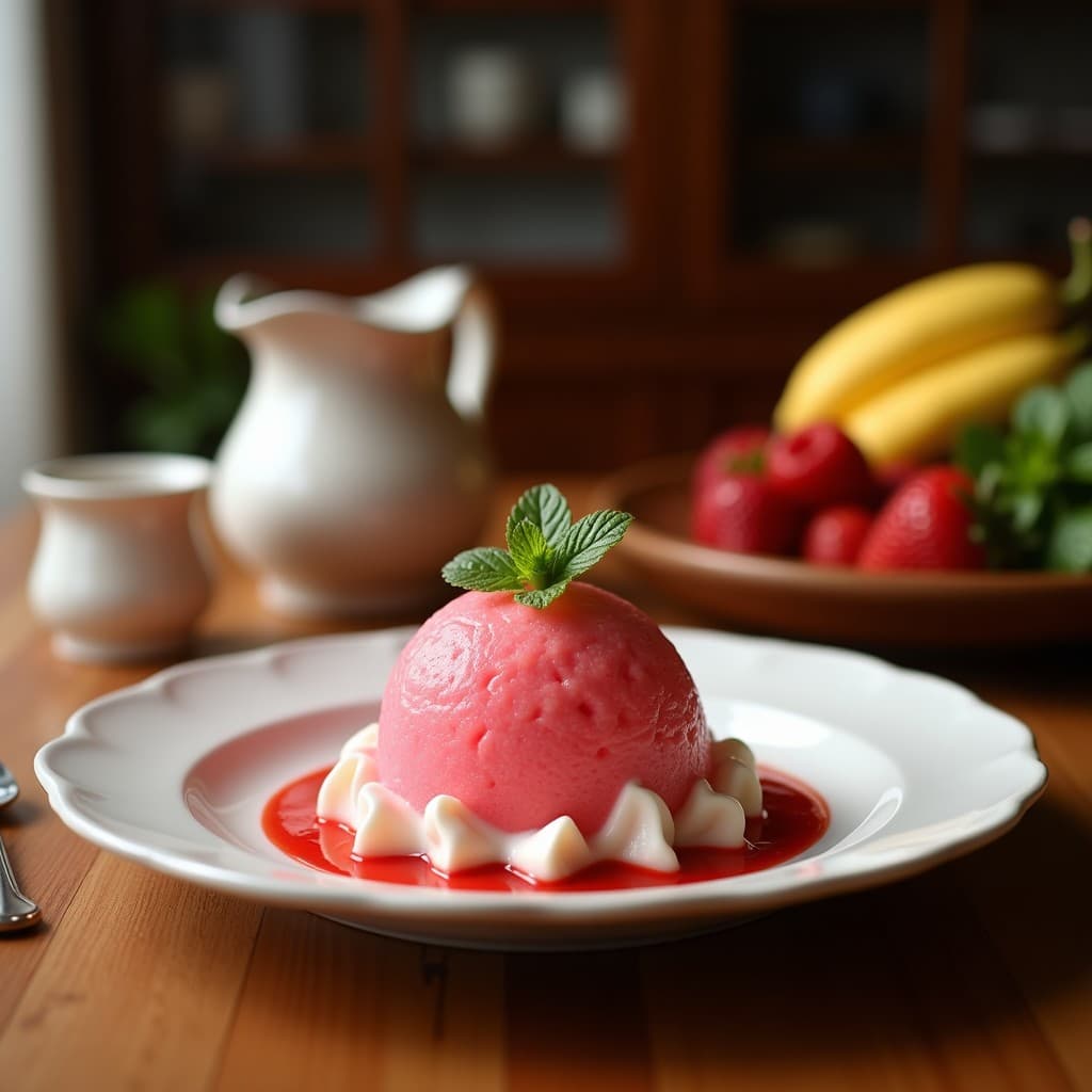 Copa de helado cremoso de color rosado-rojizo, con vetas de trozos de cacahuete tostado, decorado con cacahuetes enteros y una rodaja de limón. Postre vegano de acerola y guaraná con textura suave y crujiente.