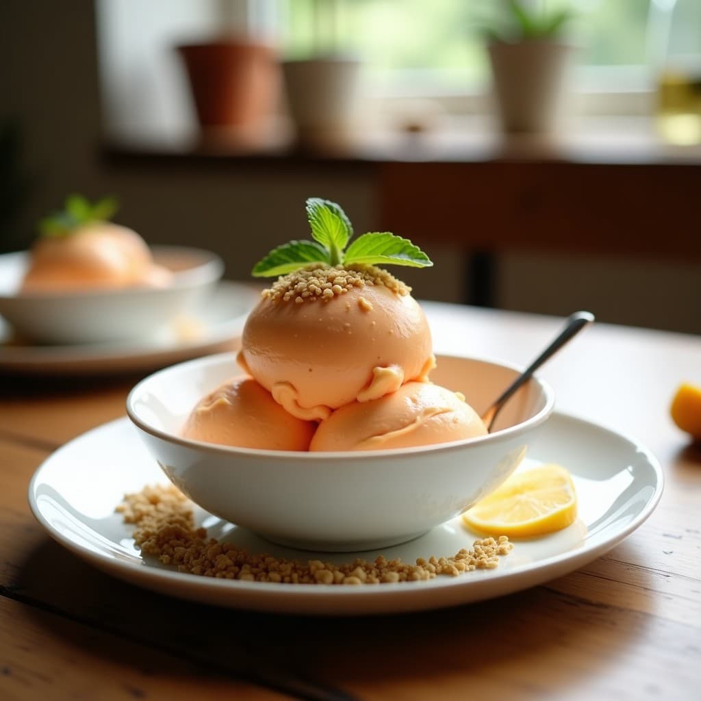 Copo de helado cremoso de color rosa anaranjado con vetas doradas, servido en un cuenco blanco sobre una mesa de madera. Encima, crumble de avena crujiente y almendras tostadas. Al fondo, rodajas de jengibre fresco y hojas de menta como decoración. Receta de helado de acerola y jengibre vegano sin azúcar.