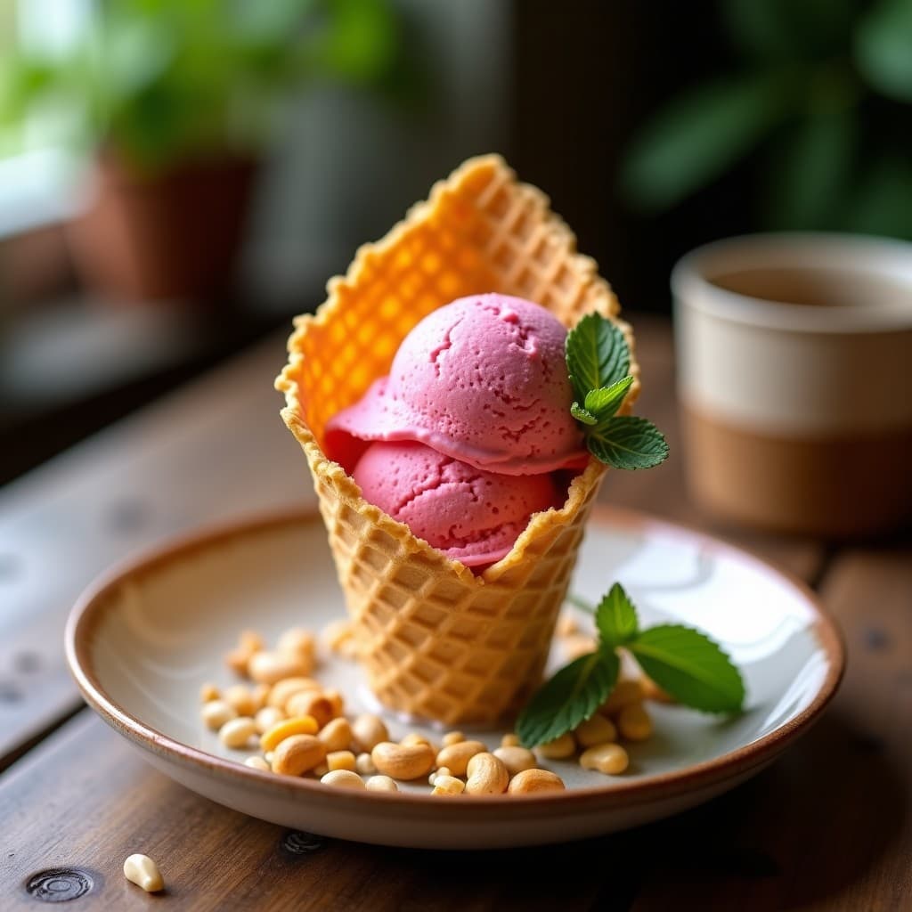 Helado de acerola y leche de anacardo servido en un cucurucho de galleta vegana, con un color rosado vibrante y textura cremosa. Alrededor, trozos de anacardo tostado y semillas de chía como decoración. Fondo borroso con hojas de menta para resaltar el postre brasileño vegano y sin lactosa.