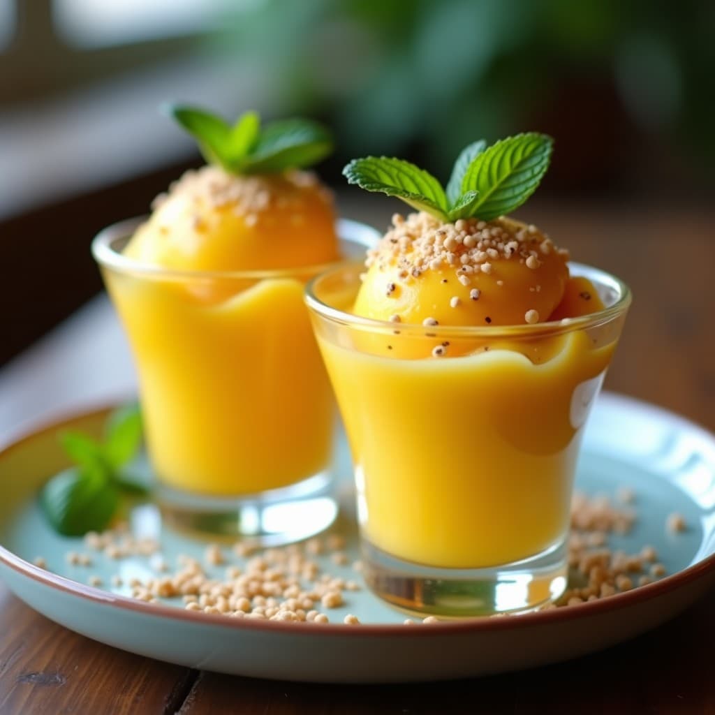 Helado cremoso de acerola y maracuyá con base de chía, servido en copas transparentes con virutas de coco tostado y fondo de hojas de menta fresca. Postre brasileño sin lácteos, colorido y refrescante.