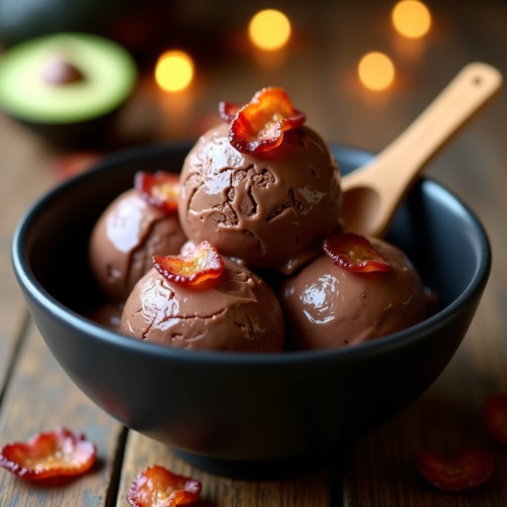 Helado de Aguacate y Cacao con Trozos de Bacon Crujiente: Postre Keto Dulce-Salado en 5 Minutos