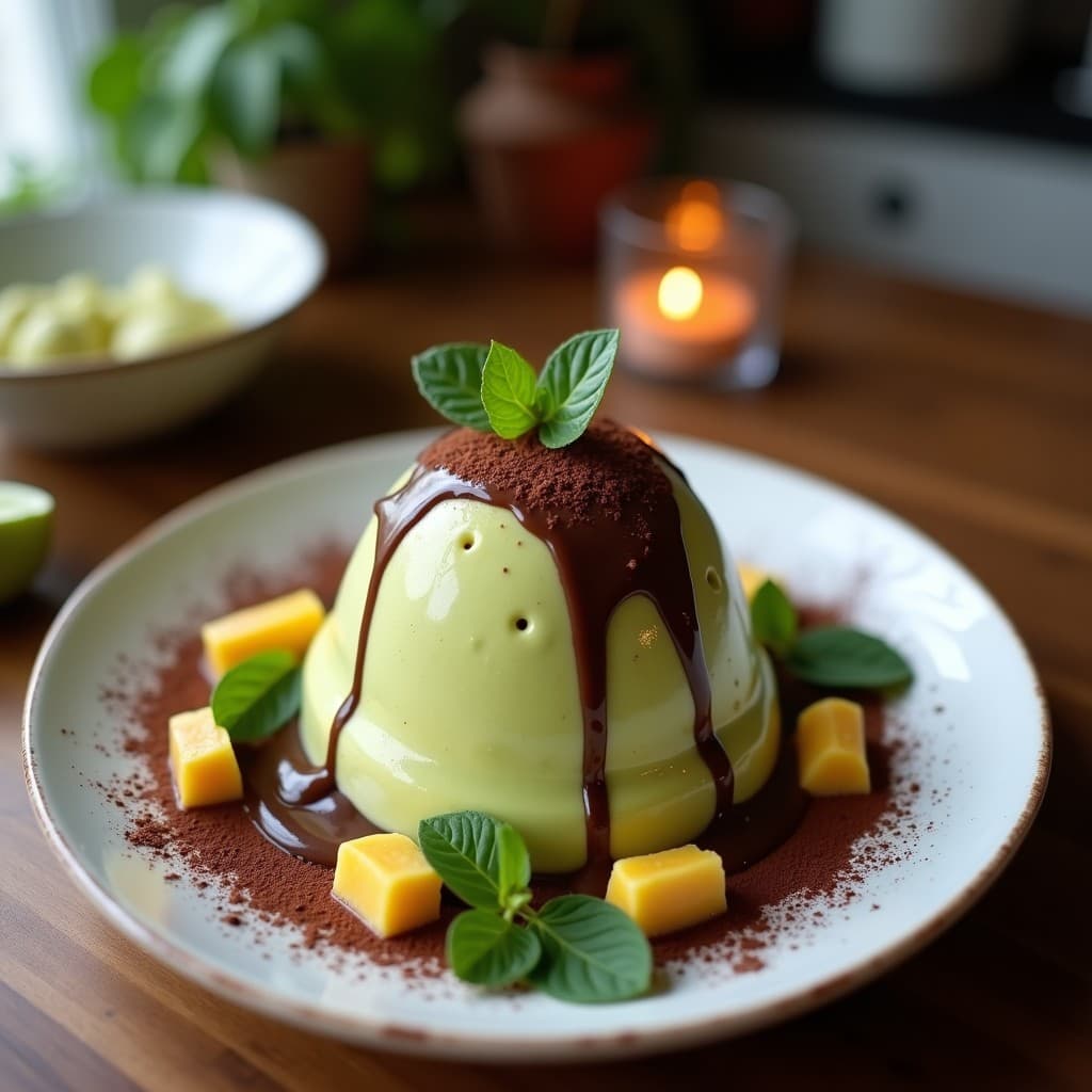 Helado de aguacate y cacao en Thermomix servido en cucurucho de barquillo, con textura ultracremosa y decorado con almendras fileteadas y cacao en polvo espolvoreado.