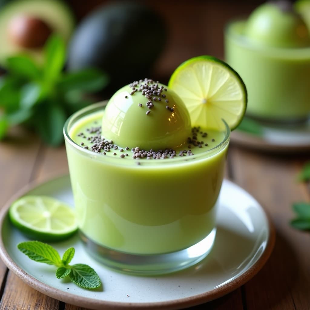Copa de cristal con helado de aguacate y lima sin azúcar, textura cremosa y color verde pálido, decorado con rodajas de lima y semillas de chía, fondo borroso con hojas de menta.